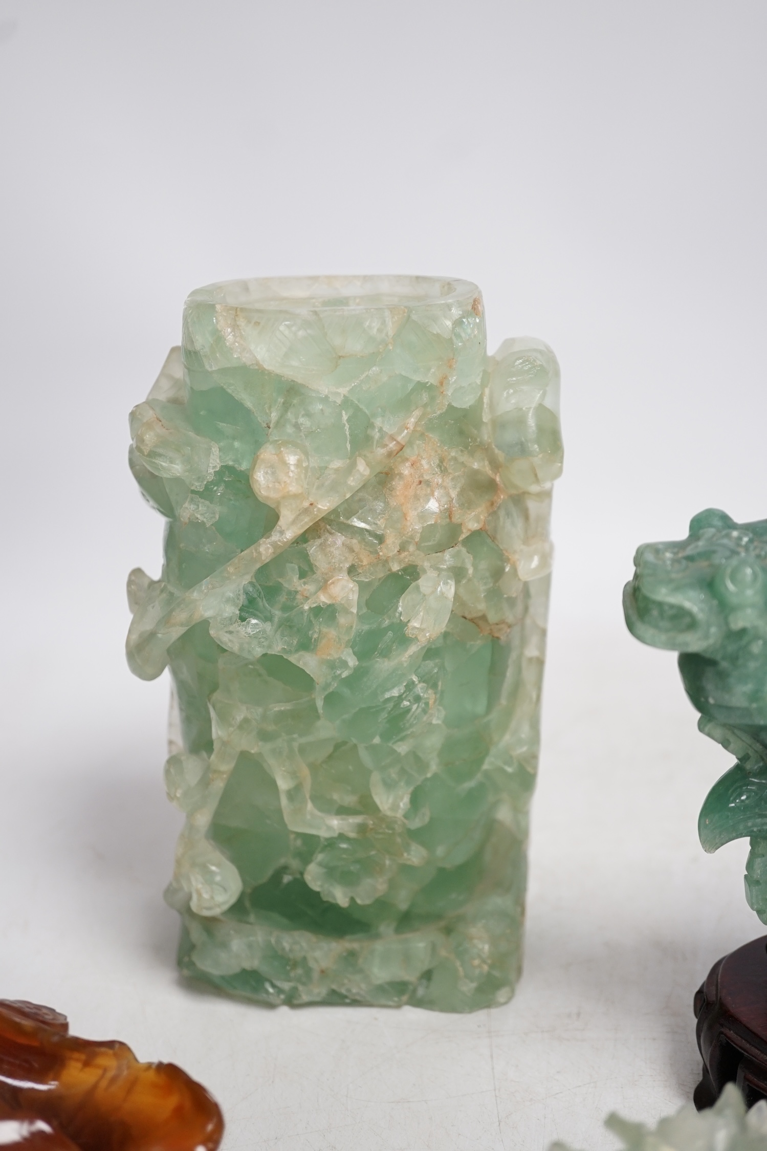 A group of five Chinese hardstone carvings, tallest 18cm. Condition - fair